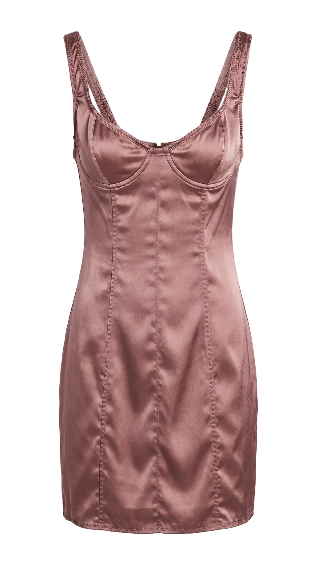 A satin slip dress in a dusty rose pink color, featuring a corset-style bodice with vertical seam detailing and thin shoulder straps, shown against a plain light gray background.
