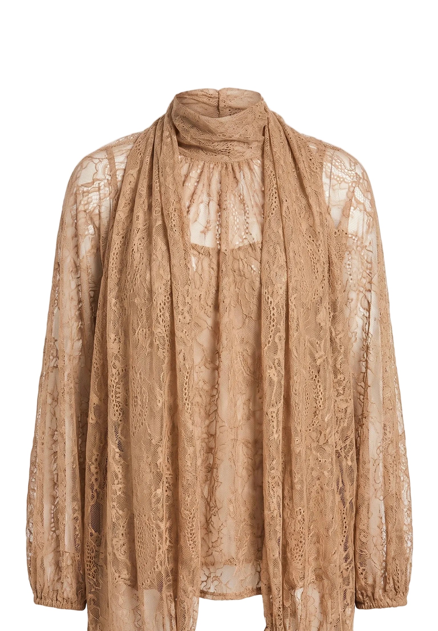 A sheer, patterned lace turtleneck top and matching draped scarf in a warm tan or camel color, displayed on a neutral light gray background.