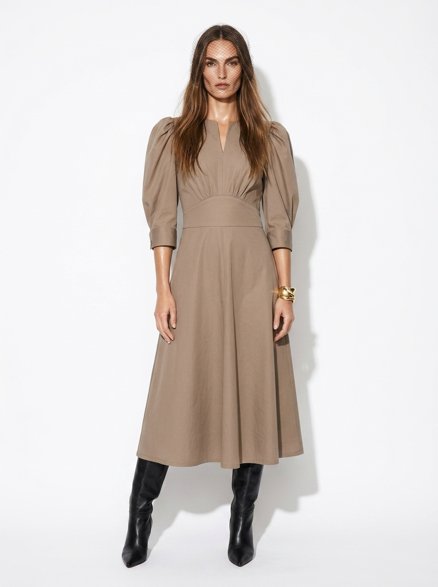 puffed midi cotton dress