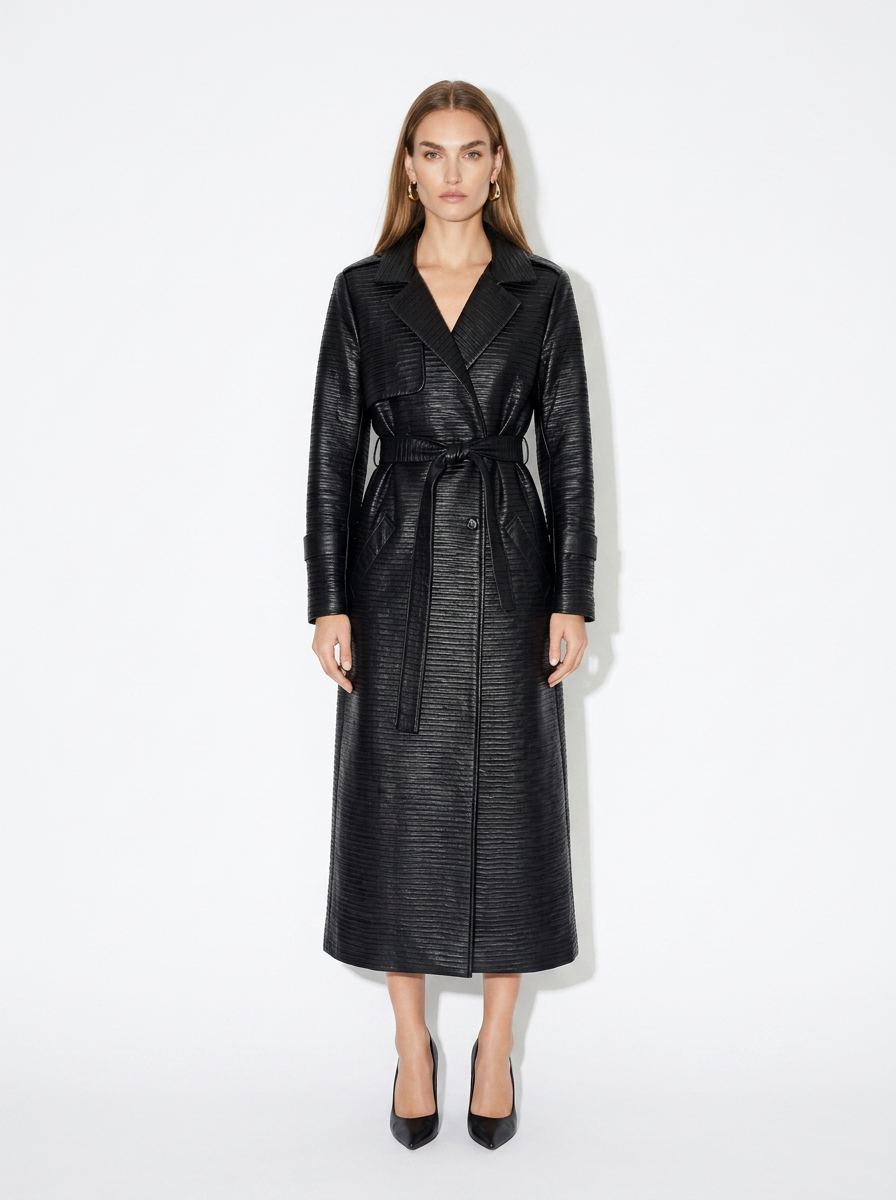 textured leather black trench