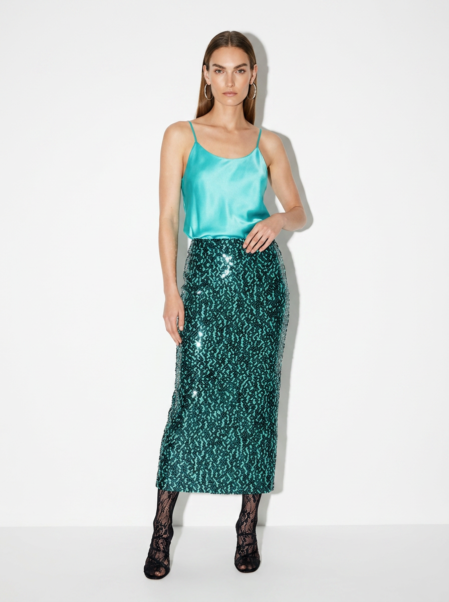 turquoise sequin midi skirt