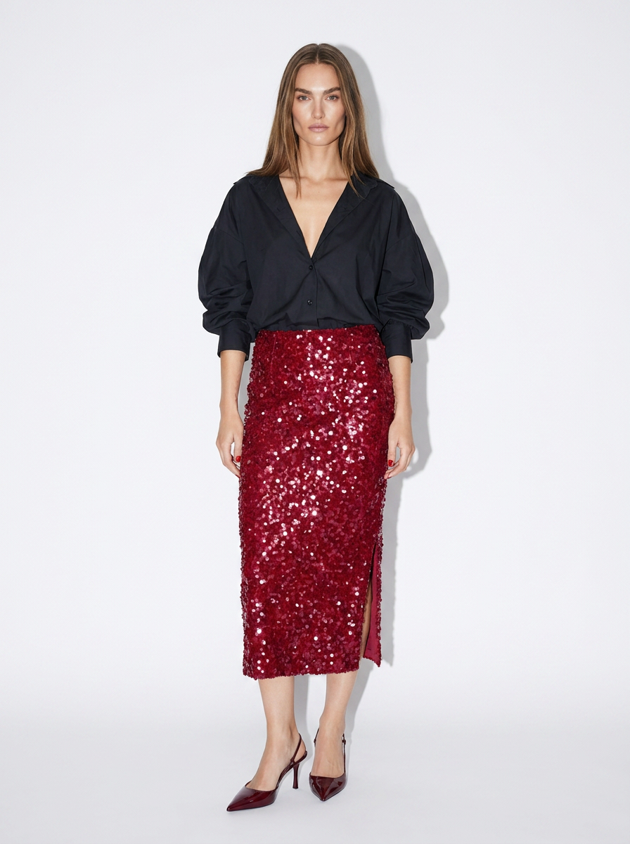 red sequins midi skirt